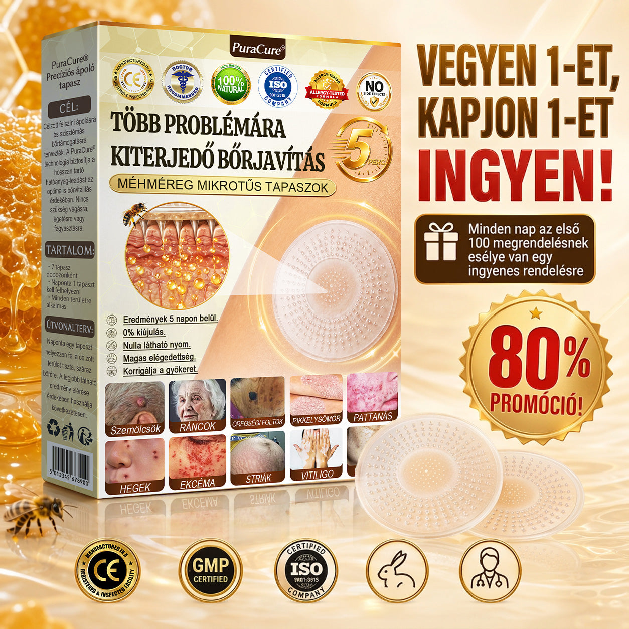 🐝PuraCure® TÖBBFÉLE BŐRPROBLÉMÁRA HATÓ MÉHMÉREG MIKROTŰS BŐRREGENERÁLÓ TAPASZOK